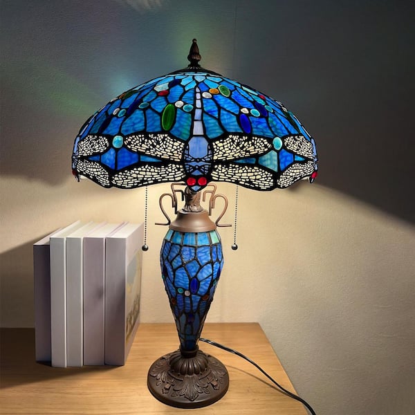 24in. Dark Bronze Tiffany Table Lamp with Blue Dragonfly Stained Glass Shade and Pull Chain Control Task & Reading Lamp