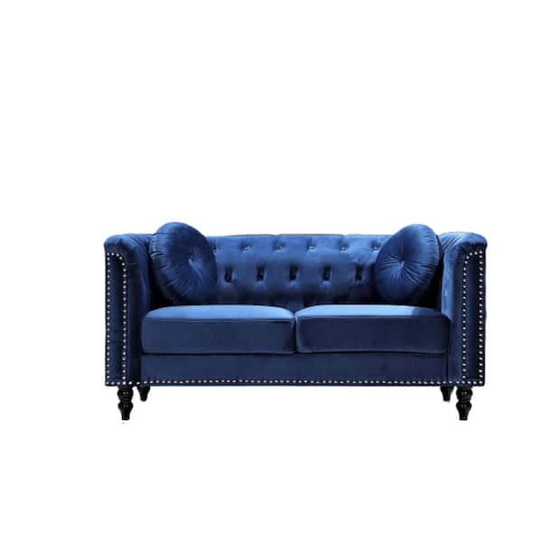 US Pride Furniture Vivian 64.17 in. Dark Blue Classic Velvet 2-Seats Chesterfield Loveseat with Nailheads