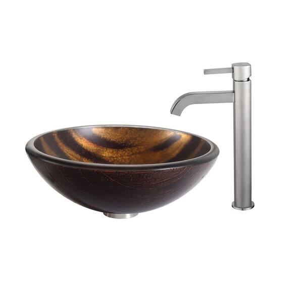 KRAUS Bastet Glass Vessel Sink in Brown with Ramus Faucet in Satin Nickel