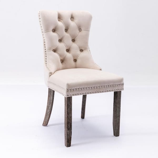 Unbranded Beige Velvet Tufted Nailhead Trim Dining Chair with Wood Legs (Set of 2)