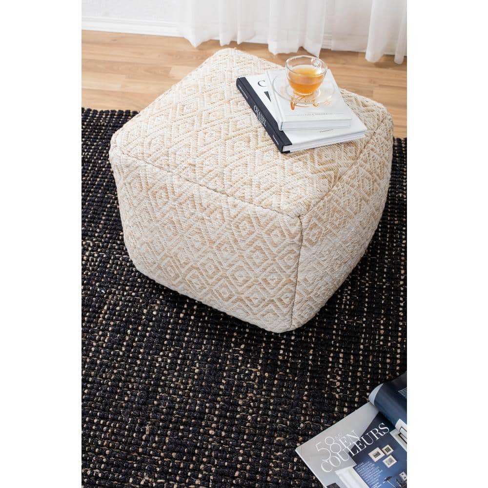 Cherokee Beige and Brown Geometric Woven Pouf