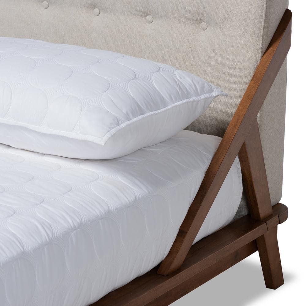 Mid-Century Modern Beige Upholstered Walnut Full Platform Bed