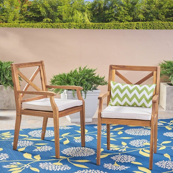 2-Piece Wood Outdoor Dining Chairs, Portable Black Patio Chair, Stackable Outdoor Bistro Deck Chair with Cream Cushions