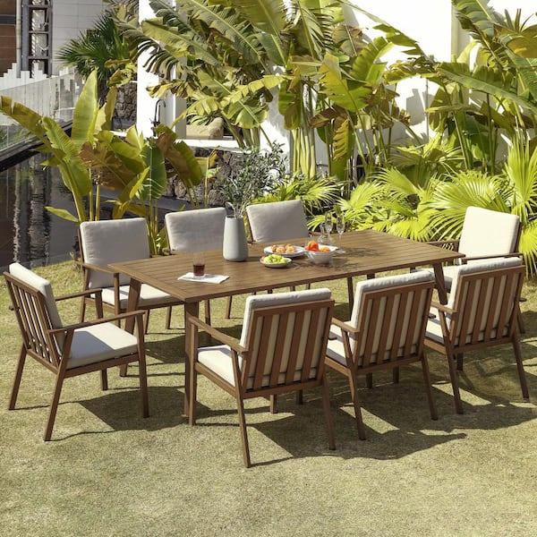 Alulux Light Brown Wood 9-Piece Aluminum Outdoor Dining Set with Rectangular Dining Table and White Cushions