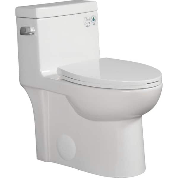 12 in. 1-Piece 1.28 GPF Single-Flush Water-Saving Elongated Glossy White Round Toilet in Soft Closing Seat Included