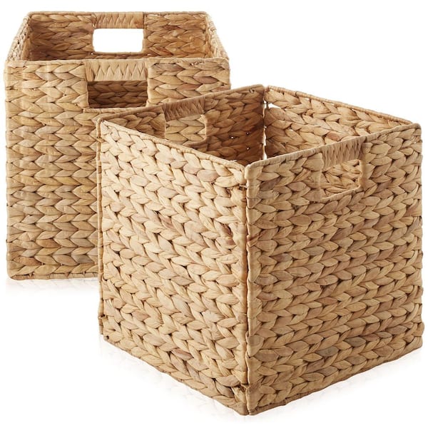 Brown Natural 13 in. x 13 in. Wicker Water Hyacinth Decorative Baskets for Storage ((Set of 2))