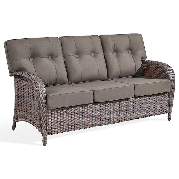 Modern Seaside Series 3-Seat Wicker Outdoor Patio Sofa Couch with Deep Seating and Gray Cushions