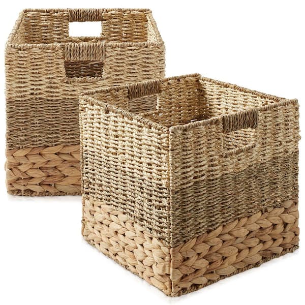 Casafield Brown Mixed Weave 12 in. x 12 in. Wicker Hyacinth Decorative Basket Storage Cube Set of 2