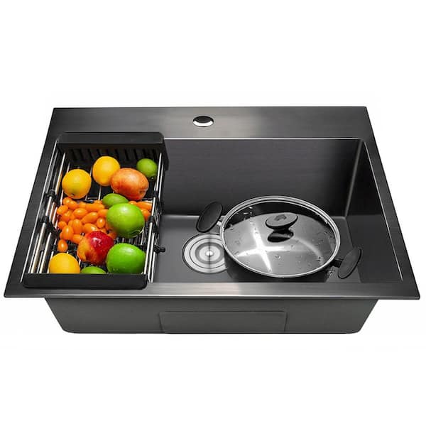 Matte Black Stainless Steel 25 in. x 22 in. Single Bowl Drop-In Kitchen Sink with Accessories