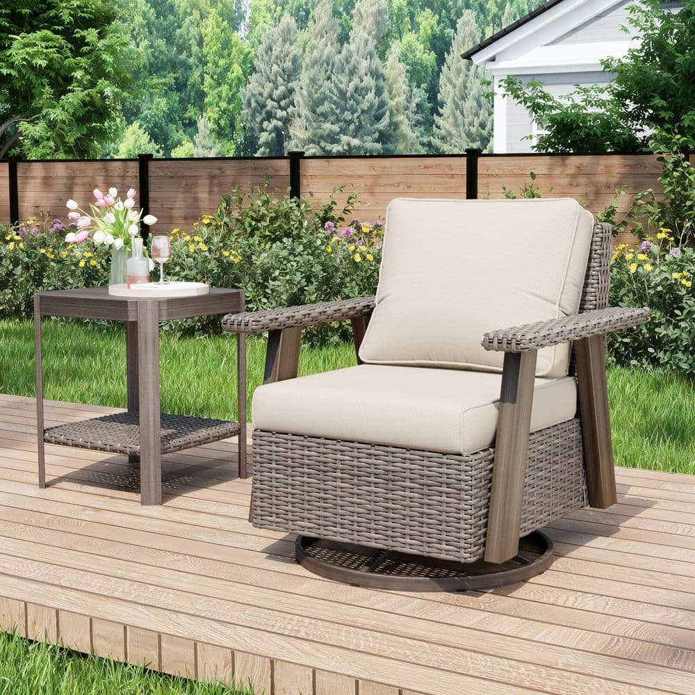 Beige Wicker Frame Outdoor Rocking Chair Patio Swivel Chair Lounge Chair with Beige Cushions and 1 Side Table price history on PriceWatchPro