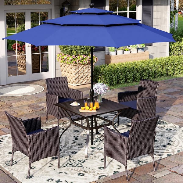 PHI VILLA Black 6-Piece Metal Patio Outdoor Dining Set with Slat Square Table, Blue Umbrella and Rattan Chairs with Blue Cushion