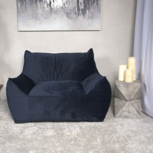 Dark Blue Velvet Bean Bag, Accent Chair, Single Sofa with Removable Cover & Safety Zipper, Armrest Design