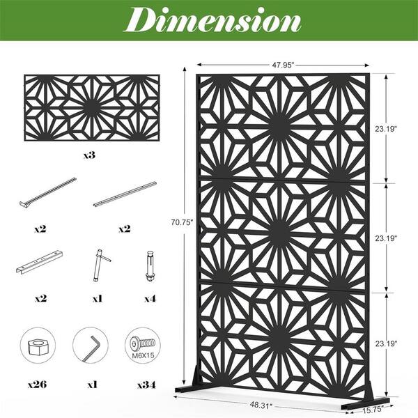 Zeus & Ruta 5.9 ft. H x 4 ft. W Outdoor Privacy Screen Wall in Black Decorative Metal Freestanding Garden Fence for Patio, Backyard