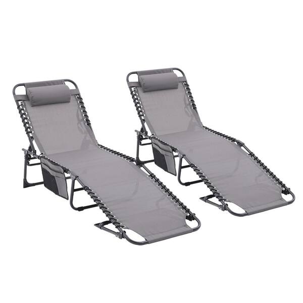 Zeus & Ruta 2-Piece Dark Grey Folding Textilene Metal Patio Outdoor Chaise Lounge Reclining Tanning Chair with Pillow Side Pocket