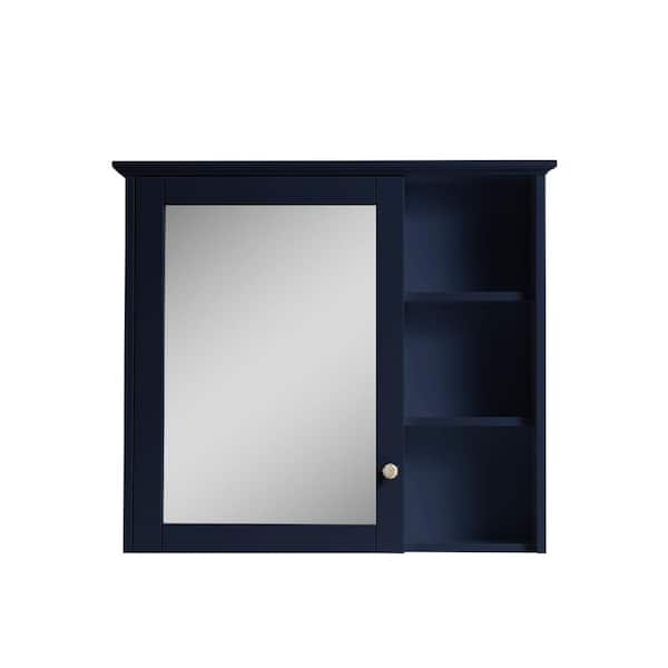 ANGELES HOME 34 in. W x 30 in. H Medium Rectangular Navy Blue Wood Surface Mount Soft Close Bathroom Medicine Cabinet with Mirror