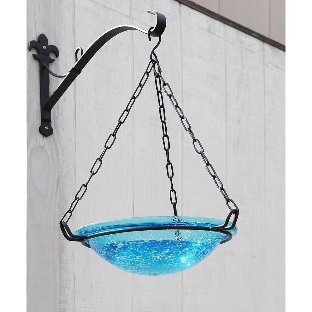 Teal Crackle Glass Hanging Birdbath with Iron Chain