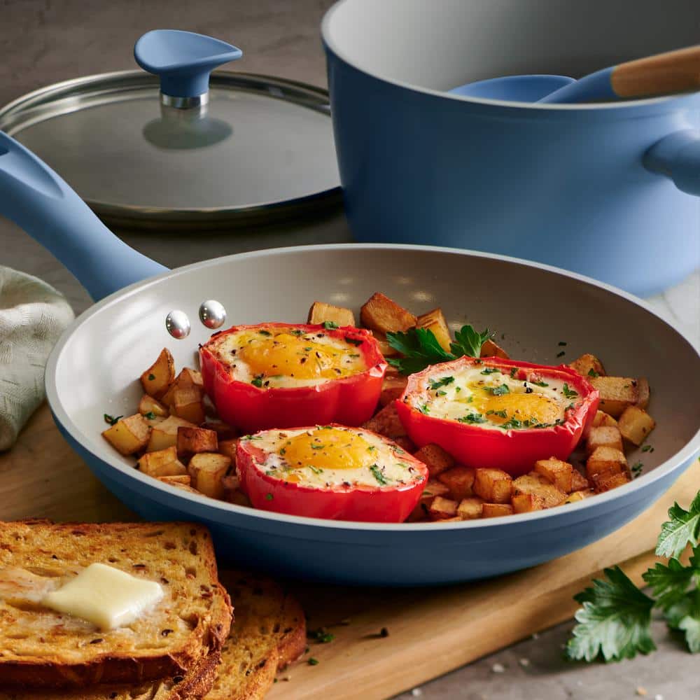 14-Piece Blue Aluminum Ceramic Nonstick Cookware Set with Utensils