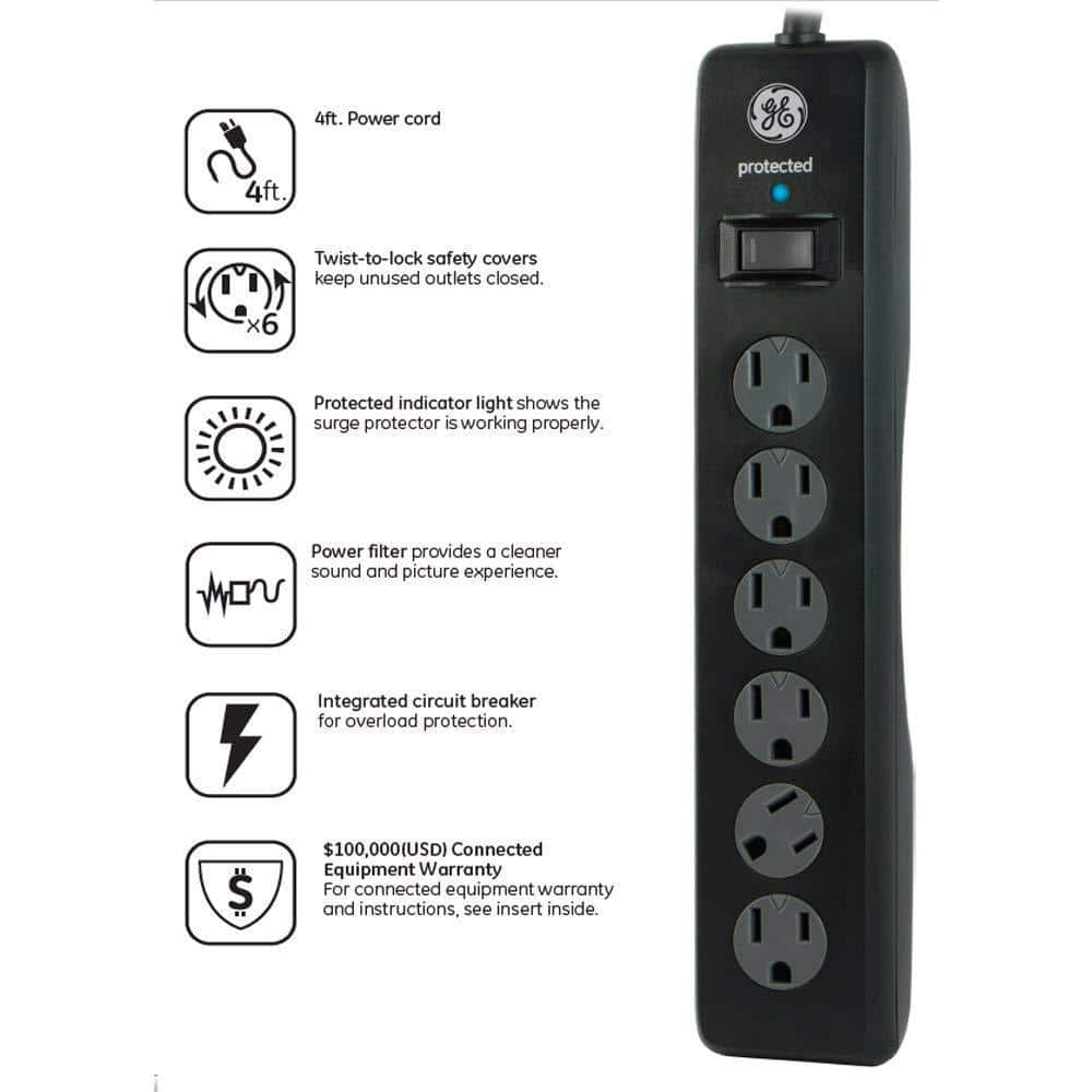 Black 6-Outlet Surge Protector with 4ft Cord