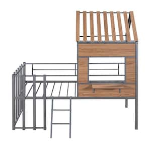 Playhouse Silver Twin Size Loft Bed for Kids, Metal Low Loft Bed with Wood Roof and Window, Fence-Shaped Guardrail