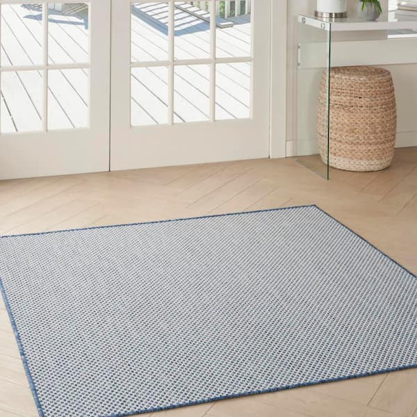 Courtyard Ivory Blue 4 ft. x 4 ft. Solid Geometric Contemporary Square Indoor/Outdoor Area Rug