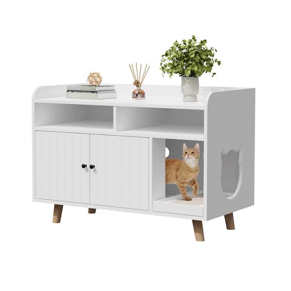 FUFU&GAGA Cat Washroom End Table with 2 Storage Compartments and Litter Catch, Wooden Hidden Cat Litter Box Enclosure Furniture