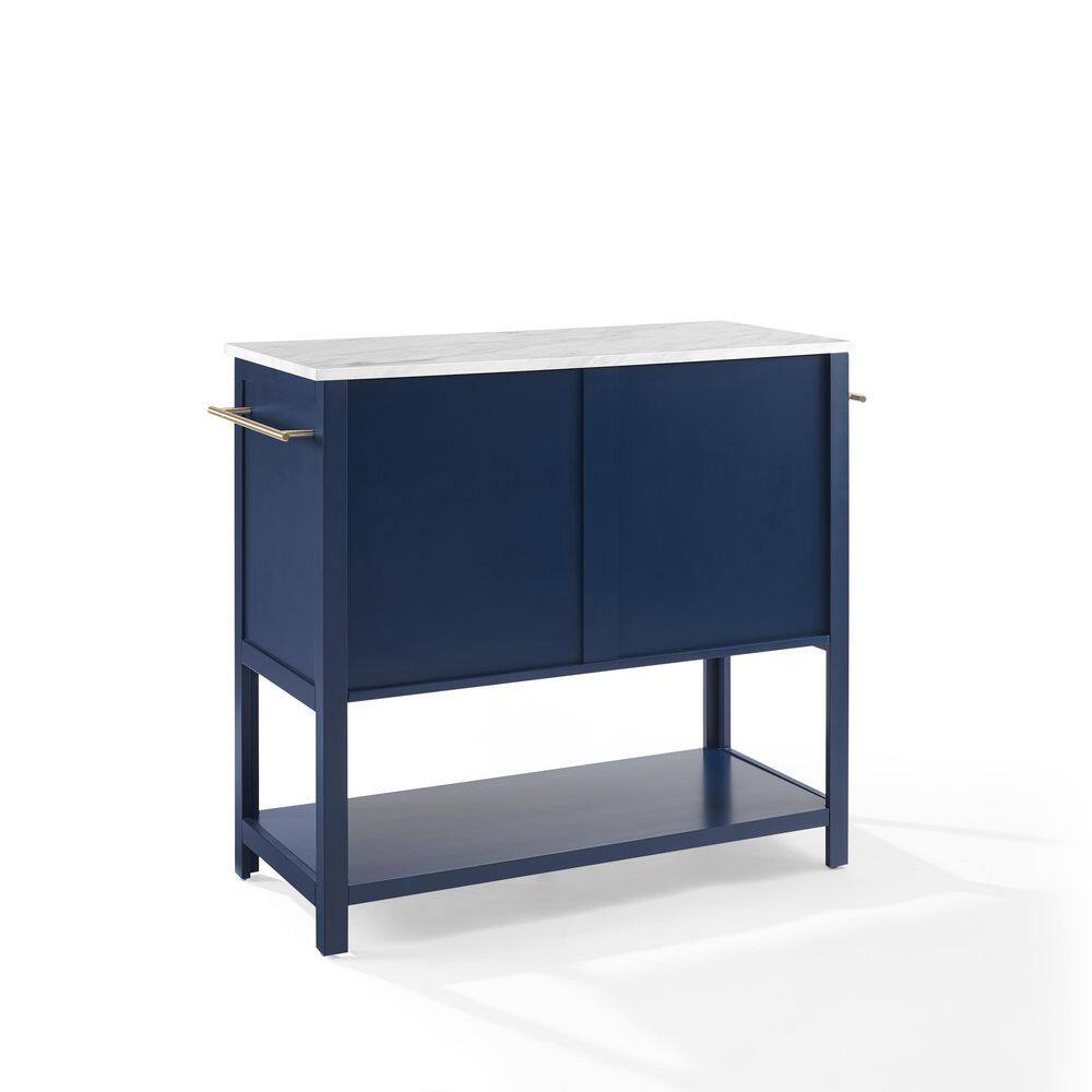 Navy Kitchen Island with Faux Marble Top and Glass Doors
