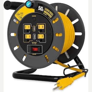 Extension Cord Reel 50 ft. 14/ 4 Outlets & 2 USB Port, Indoor/Outdoor with On/Off & Built-In Circuit Breaker Yellow Cord