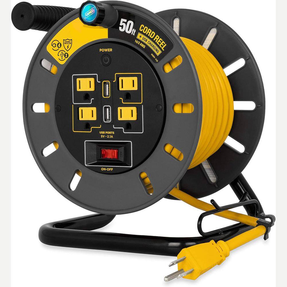 Extension Cord Reel 50 ft. 14/ 4 Outlets & 2 USB Port, Indoor/Outdoor with On/Off & Built-In Circuit Breaker Yellow Cord price history on PriceWatchPro