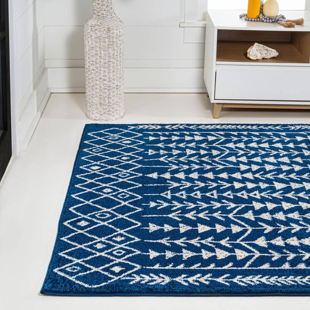 Navy and Cream Synthetic Moroccan Geometric 3' x 5' Area Rug