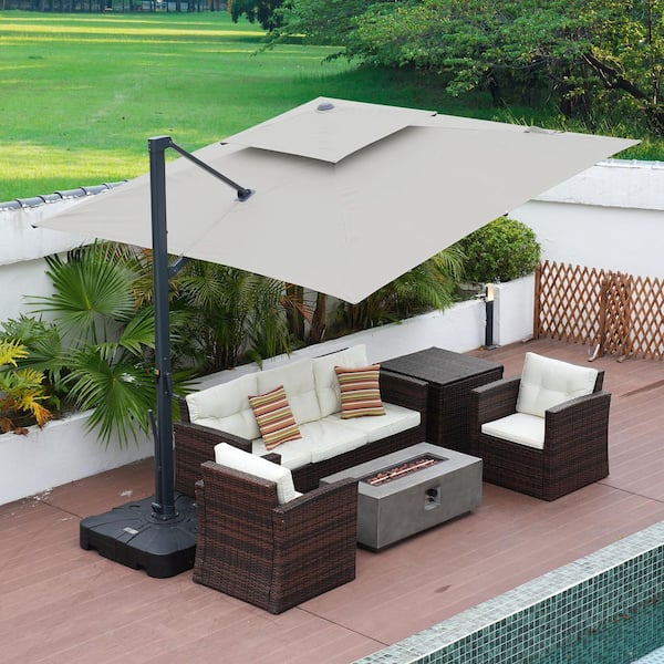 10 ft. x 10 ft. Square Aluminum 360° Rotation Outdoor Patio Cantilever Umbrella with Base, in Gray