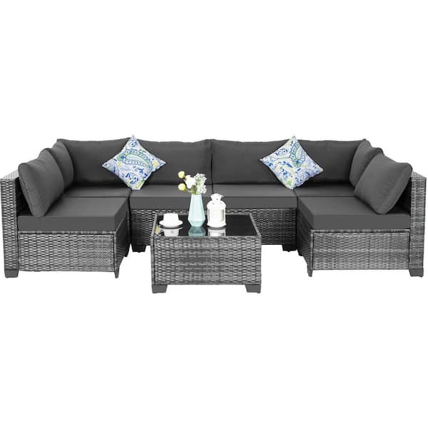 7-Piece Wicker Outdoor Patio Sectional Sofa, All-Weather PE 7-Piece Wicker Outdoor Patio Sectional Sofa, All-Weather PE
