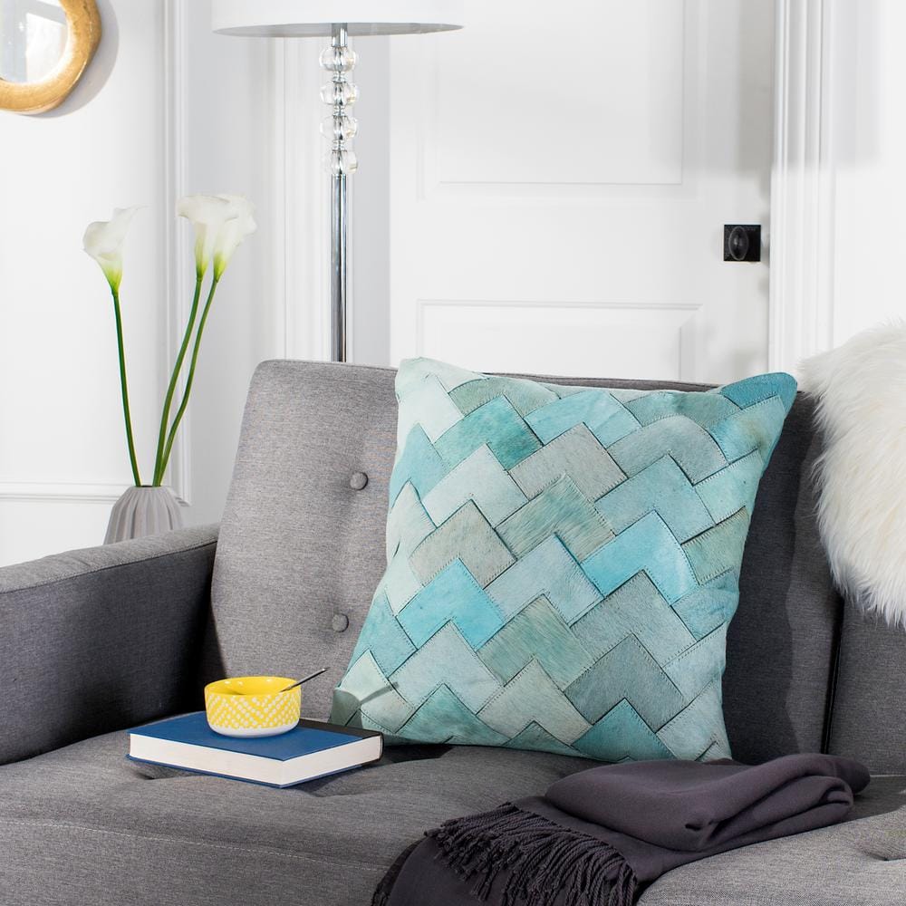 Teal and Gray Cowhide Chevron 20" Square Pillow
