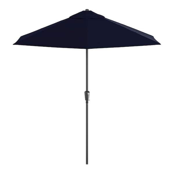 9 ft. Aluminum Pole Black Patio Umbrella, Push Button Tilt and Crank Lift, Solstice Olefin Fabric in Navy Blue