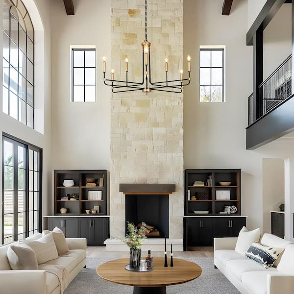 Transitional 38.5 in. 9-Light Black and Dark Gold Candlestick Chandelier for Living Room, Modern Large Island Pendant