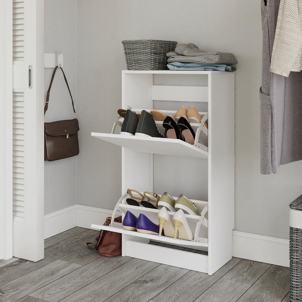White Wood Tilt-Out Shoe Storage Cabinet