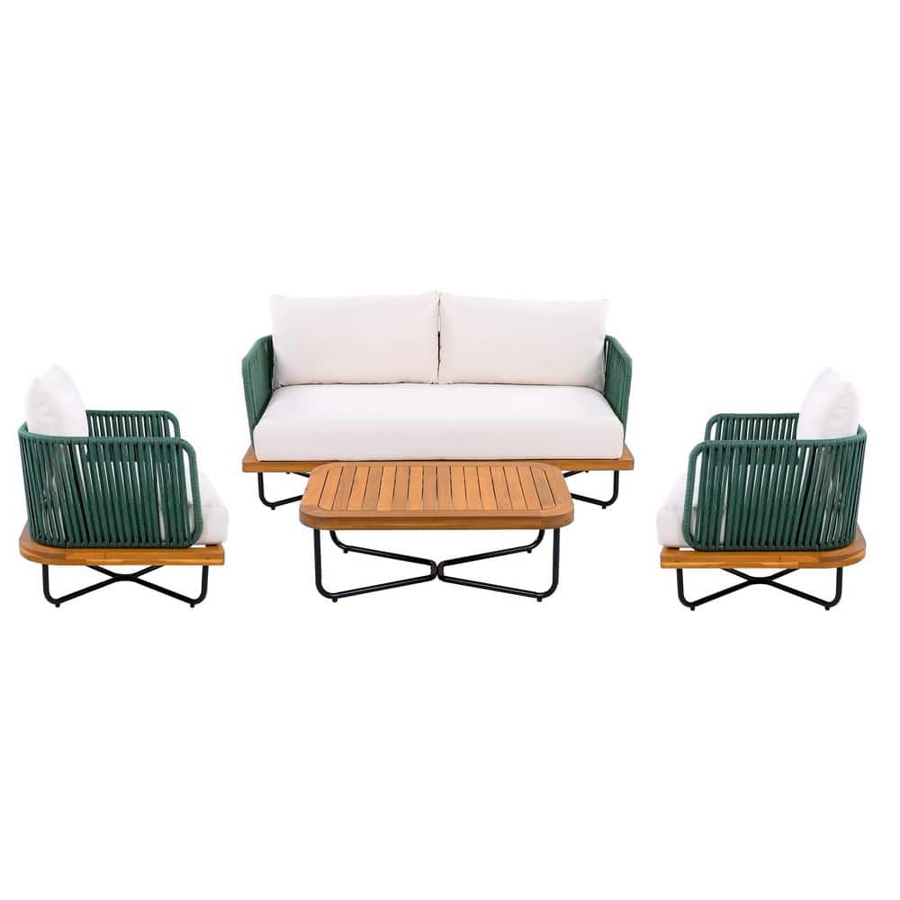 Ayashe 4-Piece Solid Wood Patio Conversation Set with Green Rope and Beige Cushions