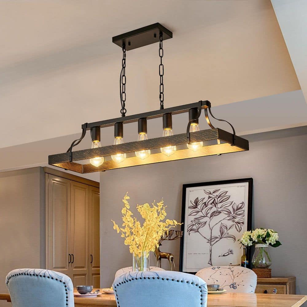 33.7 in. Black and Faux Wood Grain Pendant Light, 5 E26 Bulb Sockets, Adjus