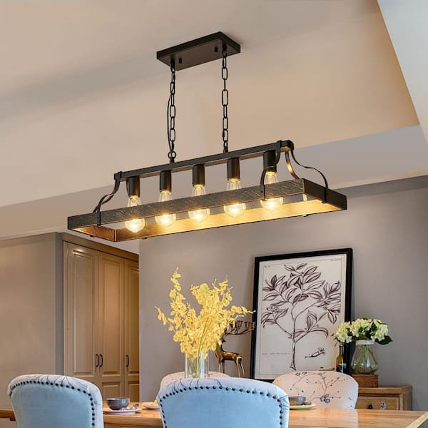 33.7 in. Black and Faux Wood Grain Pendant Light, 5 E26 Bulb Sockets, Adjustable Chain Height for Dining Room