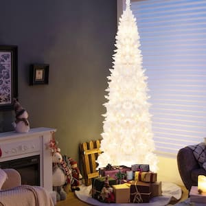 7 ft.White Pre-Lit Hinged Pencil Christmas Tree White with 300 LED Lights and 8 Flash Modes