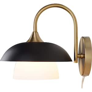 9.5 in. 1-Light Black and Gold Sconce with Metal and Frosted Glass Shade