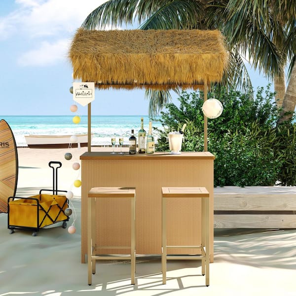 Unbranded 1-Piece Hawaiian-style Outdoor Serving Bar Set with PE Grass Canopy, Acacia Wood Bar Table and Stools in Natural