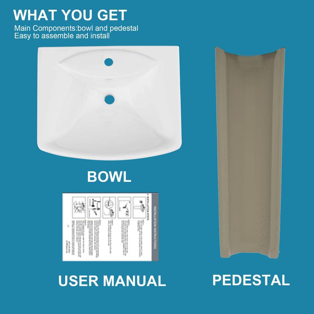 24" White Vitreous China Rectangular Pedestal Bathroom Sink