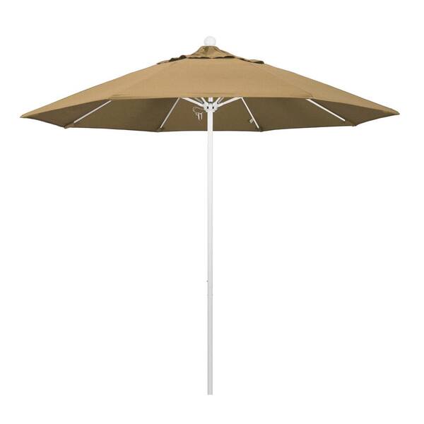 California Umbrella 9 ft. White Aluminum Commercial Market Patio Umbrella with Fiberglass Ribs and Push Lift in Straw Olefin