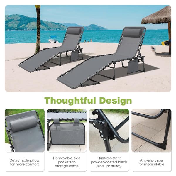 2-Piece Outdoor Folding Chaise Lounge Chairs Fully Flat for Beach with Pillow and Side Pocket, Dark Gray