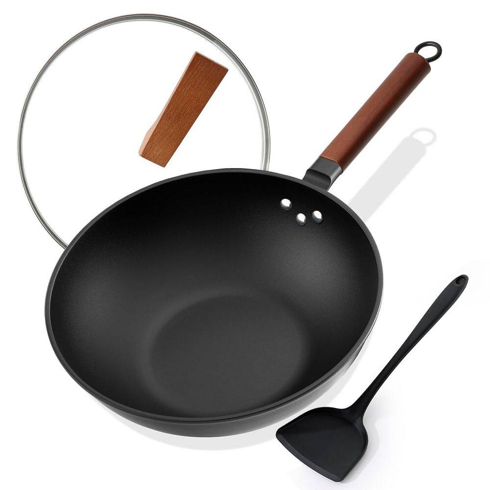 Pre-Seasoned Carbon Steel Wok 13 Inch Flat Bottom Nonstick with Standable Glass Lid Induction Gas Electric Compatible price history on PriceWatchPro