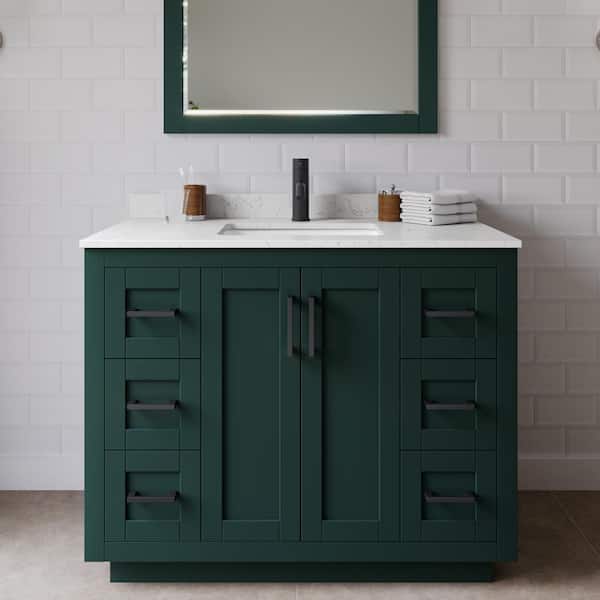 Wyndham Collection Miranda 42 in. W x 22 in. D x 33.75 in. H Single Sink Bath Vanity in Green with Carrara Cultured Marble Top and Mirror