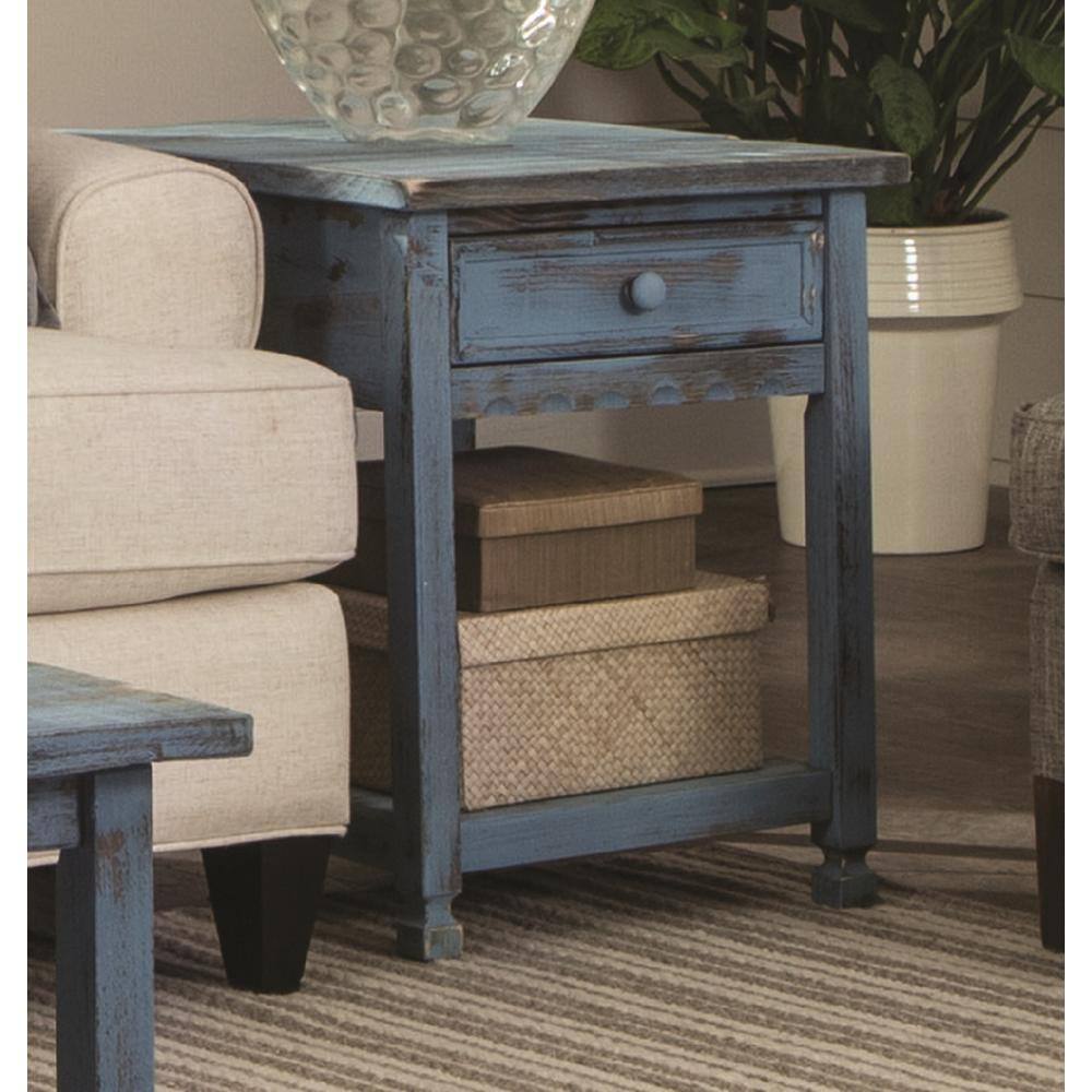 Rustic Blue Antique Wood End Table with Storage