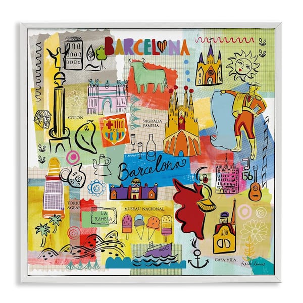 Stupell Industries Barcelona Landmarks Spain Traditions by Veronique Charron White Framed Travel Giclee Art Print 12 in. x 12 in.