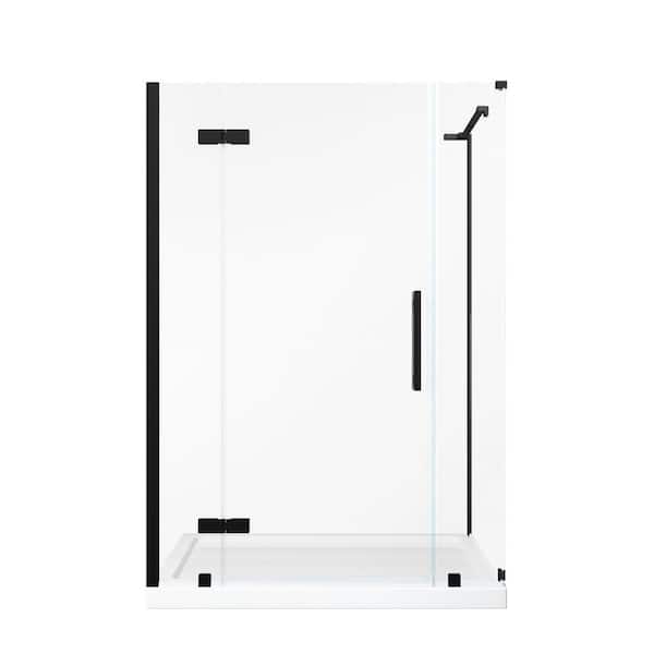 Tampa 48 in. L x 32 in. W x 75 in. H Corner Shower Kit with Pivot Frameless Shower Door in Black and Shower Pan
