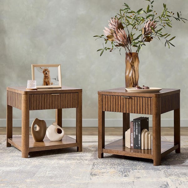 Yoshua 23.75 in. Walnut Rectangle Wood End Table with Fluted Surface (Set of 2)